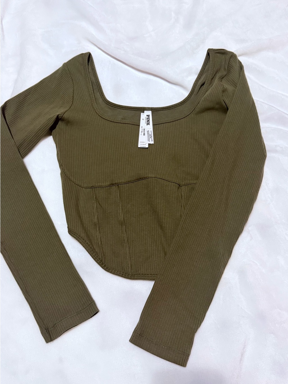 PINK Victoria's Secret Olive Ribbed Long Sleeve Square Neck Top